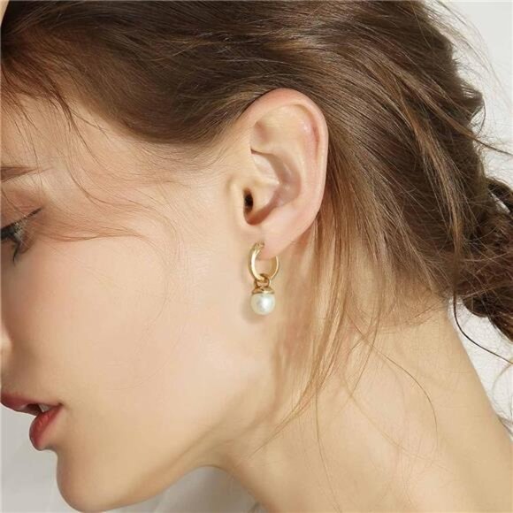 14K Gold-Plated Pearl Hoop Drop Earrings – Lightweight, Hypoallergenic - Picture 4 of 6